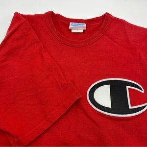 Vintage Champion Brand T Shirt Size Medium Embroidered Logo Short Sleeve Red